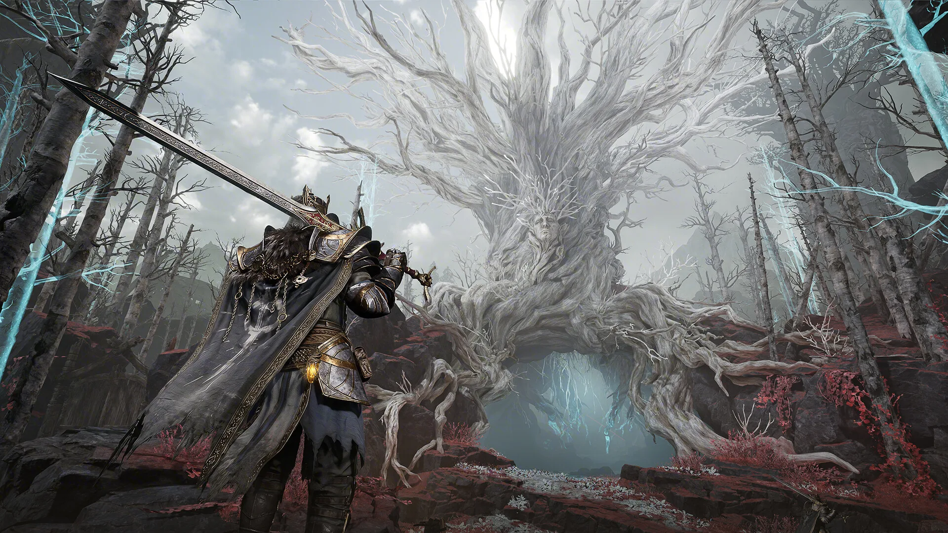 Official Mistfall Hunter promotional scene in a ruined dark fantasy landscape
